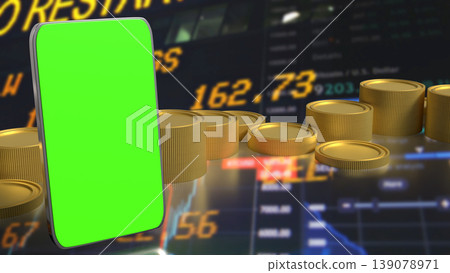 Mobile Trading and Investment Concept with Smartphone Green Screen and Financial Market Background 3d render. 139078971