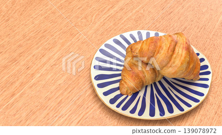 Fresh Croissant Breakfast on Plate with Wooden Table Background 3d render. 139078972