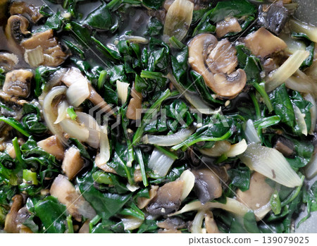 Sauteed Mushrooms, Onions, and Greens Close Up Sauteed Mushrooms, Onions, and Greens Close Up 139079025