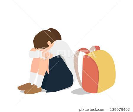 An illustration of a first-grade elementary school girl struggling with school refusal. 139079402