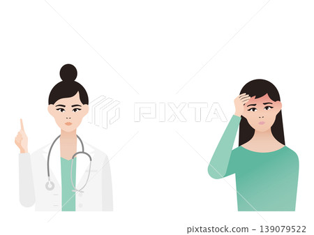 向量圖描繪了一位發燒頭痛的女病人正在接受女醫生的檢查。 向量圖描繪了一位發燒頭痛的女病人正在接受女醫生的檢查。 139079522