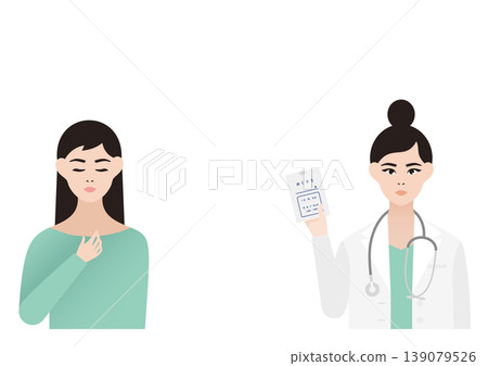 A vector illustration of a female patient looking relieved and a female doctor explaining her medication. A vector illustration of a female patient looking relieved and a female doctor explaining her medication. 139079526