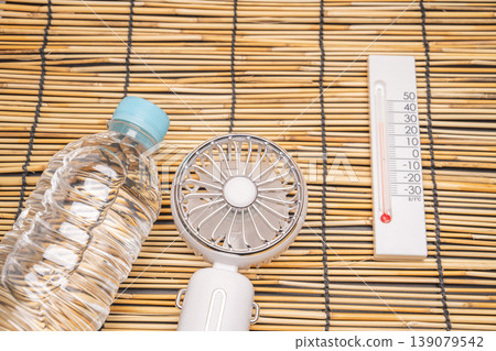 從上方俯視,可以看到竹簾上放置水瓶、風扇和溫度計。 從上方俯視,可以看到竹簾上放置水瓶、風扇和溫度計。 139079542