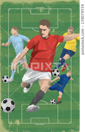 Polygon soccer players various action with soccer field top view background vertical template old condition have scratches and stain texture Polygon soccer players various action with soccer field top view background vertical template old condition have scratches and stain texture 139079559