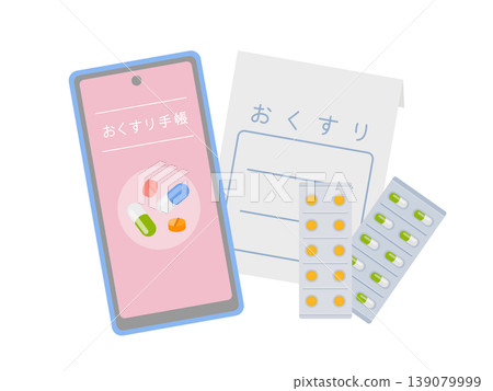 Image illustration of a smartphone app for medication record, capsules, tablet sheets, and medicine bags. Image illustration of a smartphone app for medication record, capsules, tablet sheets, and medicine bags. 139079999