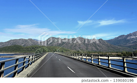 Scenic mountain landscape viewed from a bridge over a blue lake on a clear day 139080196