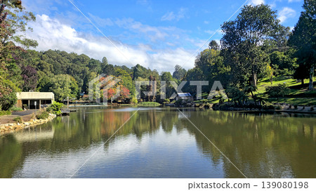 Serene lake reflecting colorful autumn trees and blue sky with clouds in Tasmania Serene lake reflecting colorful autumn trees and blue sky with clouds in Tasmania 139080198