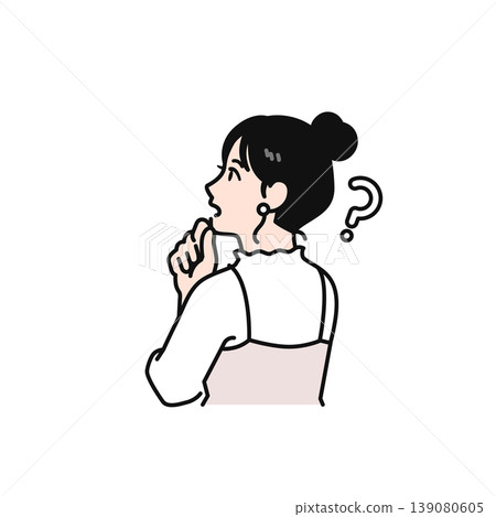 A simple vector illustration of a young woman with her hair tied up, seen from behind, with a question mark floating above her head. 139080605