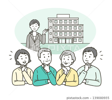 A young couple thinking together with an elderly couple about moving into a nursing home or condominium 139080935