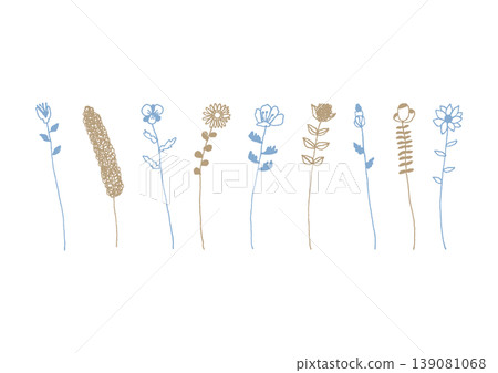 A set of simple, hand-drawn illustrations of various types of single flowers (blue and brown) A set of simple, hand-drawn illustrations of various types of single flowers (blue and brown) 139081068