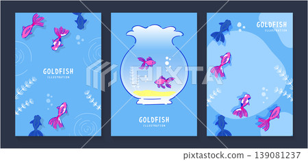 一套三張海報模板，以鮮豔的粉紅色金魚為特色，背景是醒目的藍色背景。 139081237