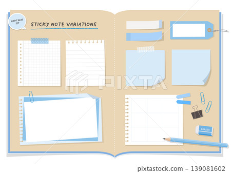 A set of variations featuring open notebooks and sticky notes/memos (blue, stationery, double-page spread design elements). A set of variations featuring open notebooks and sticky notes/memos (blue, stationery, double-page spread design elements). 139081602