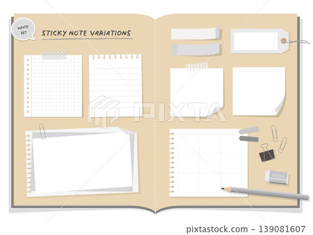 A set of white and gray sticky notes and memo pad variations (simple stationery materials). 139081607