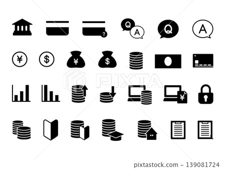 一套簡潔的黑白向量圖標，適用於銀行和金融機構。 139081724