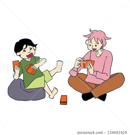 兩兄弟,一個是小學生,一個是中學生,臉上都洋溢著笑容,正在玩紙牌遊戲。 兩兄弟,一個是小學生,一個是中學生,臉上都洋溢著笑容,正在玩紙牌遊戲。 139081929