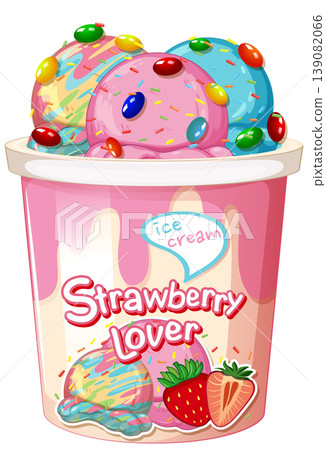 Colorful Strawberry Ice Cream Tub with Candy Toppings and Sprinkles 139082066