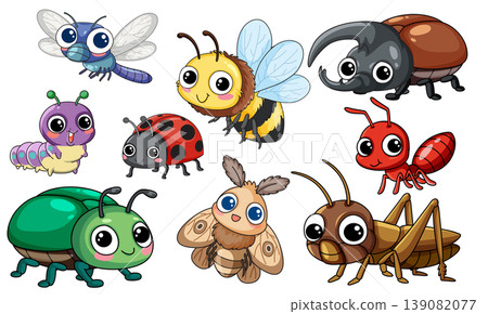 Collection of Cute Cartoon Insects and Bugs on White Background Collection of Cute Cartoon Insects and Bugs on White Background 139082077