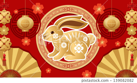 Golden Chinese Zodiac Rabbit Illustration with Traditional Red Background and Lanterns Golden Chinese Zodiac Rabbit Illustration with Traditional Red Background and Lanterns 139082082