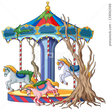 Abandoned Carousel With Overgrown Moss and Dead Trees 139082088