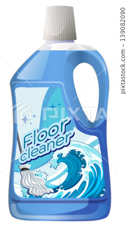 Blue Floor Cleaner Bottle with Wave and Mop Illustration 139082090