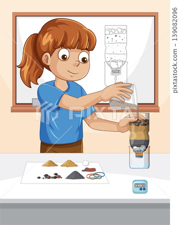 Young Girl Conducting a Water Filtration Science Experiment in Classroom Young Girl Conducting a Water Filtration Science Experiment in Classroom 139082096