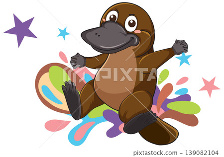 Cheerful Cartoon Platypus Jumping with Colorful Splash Cheerful Cartoon Platypus Jumping with Colorful Splash 139082104