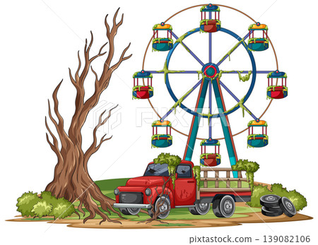 Abandoned Ferris Wheel and Rusty Truck in Overgrown Park 139082106