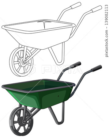Green Wheelbarrow Vector Illustration with Outline Version Green Wheelbarrow Vector Illustration with Outline Version 139082113