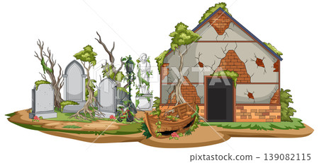 Abandoned Cemetery and Ruined House Overgrown with Vines Abandoned Cemetery and Ruined House Overgrown with Vines 139082115