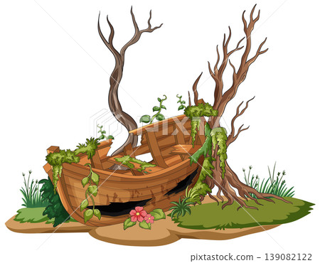 Abandoned Wooden Boat Overgrown with Moss and Vines 139082122