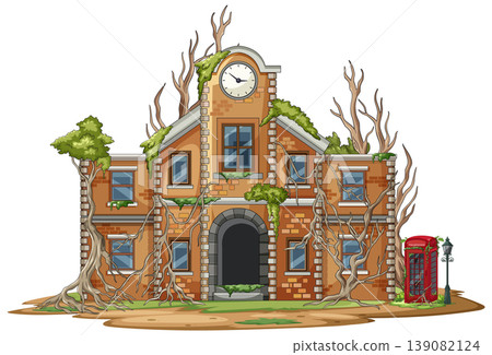 Abandoned Brick School Building Overgrown With Vines Abandoned Brick School Building Overgrown With Vines 139082124