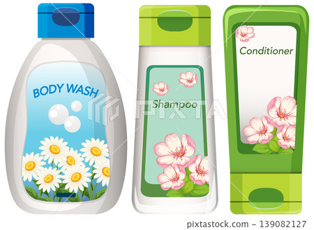 Floral Body Wash, Shampoo, and Conditioner Bottles Vector Floral Body Wash, Shampoo, and Conditioner Bottles Vector 139082127