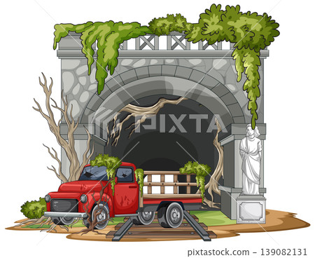 Abandoned Red Truck at Overgrown Stone Tunnel Entrance 139082131