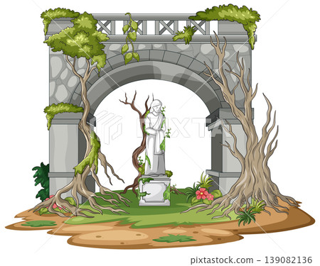 Overgrown Stone Archway with Ancient Garden Statue Overgrown Stone Archway with Ancient Garden Statue 139082136