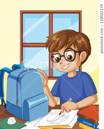 Young Boy with Glasses Drawing a Car at His School Desk Young Boy with Glasses Drawing a Car at His School Desk 139082139