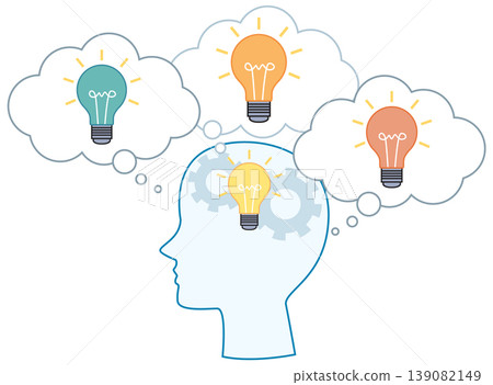 Human Head Silhouette with Light Bulbs and Gears Representing Creative Thinking 139082149
