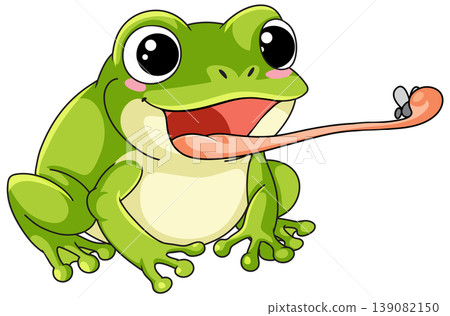 Cute Green Cartoon Frog Catching a Fly with its Long Tongue Cute Green Cartoon Frog Catching a Fly with its Long Tongue 139082150