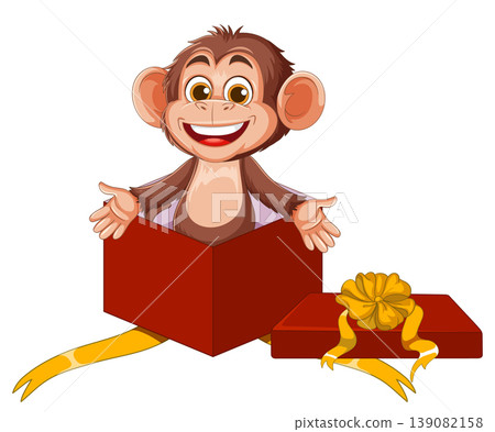 Smiling Cartoon Monkey Popping Out of Gift Box 139082158
