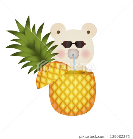 一幅北極熊用吸管喝菠蘿汁的插圖。可愛的動物和水果角色素材。 139082275