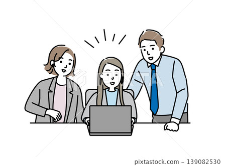 A young businessman and woman talking while operating a computer. A young businessman and woman talking while operating a computer. 139082530