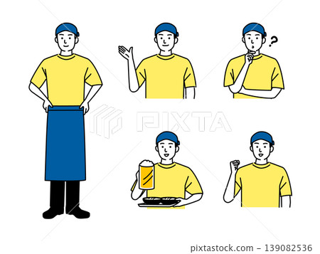 A male restaurant employee wearing an apron. A male restaurant employee wearing an apron. 139082536