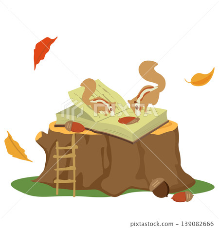 An illustration of a squirrel reading a book about acorns on a tree stump. An illustration of a squirrel reading a book about acorns on a tree stump. 139082666