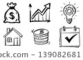 collection of hand-drawn business and financial icons featuring a money bag, growth chart, creative light bulb idea, house real estate, stacked coins, and a completed task calendar. 139082681