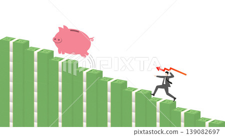 Businessman Hunting Piggy Bank Jumping Down on Falling Stack of Banknotes Bar Graph with Red Arrow Spear Representing Cash Flow Loss Economic Recession and Financial Crisis Businessman Hunting Piggy Bank Jumping Down on Falling Stack of Banknotes Bar Graph with Red Arrow Spear Representing Cash Flow Loss Economic Recession and Financial Crisis 139082697