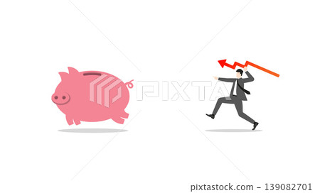 Businessman Hunting Pink Piggy Bank with Red Downward Trend Arrow Spear Representing Financial Loss Economic Crisis Investment Risk Inflation and Negative Savings Performance 139082701