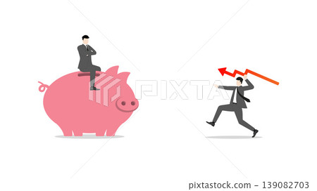 Businessman Hunting Rival Riding on Big Piggy Bank with Red Downward Arrow Spear Representing Market Failure Business Struggle Financial Loss and Competitive Risk Management Businessman Hunting Rival Riding on Big Piggy Bank with Red Downward Arrow Spear Representing Market Failure Business Struggle Financial Loss and Competitive Risk Management 139082703
