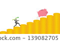 Businessman Hunting Piggy Bank Jumping on Rising Stack of Gold Coins Bar Graph with Green Growth Arrow Spear Representing Compound Interest Financial Success and Wealth Growth 139082705