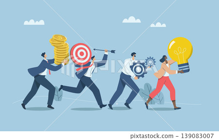 Working as team with creative thinking, solving problems in organizations, Launching new project or new product, Group of business people running holding light bulbs, gears, targets, coin. Working as team with creative thinking, solving problems in organizations, Launching new project or new product, Group of business people running holding light bulbs, gears, targets, coin. 139083007