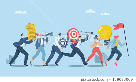 Working as team with creative thinking, solving problems in organizations, Launching new project, product, Group of business people running holding flag, light bulbs, gears, targets, binoculars, coin. Working as team with creative thinking, solving problems in organizations, Launching new project, product, Group of business people running holding flag, light bulbs, gears, targets, binoculars, coin. 139083009