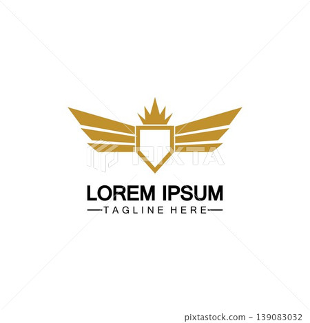 Golden winged shield with crown logo / heraldry symbol isolated white background Golden winged shield with crown logo / heraldry symbol isolated white background 139083032